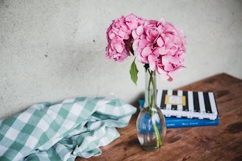 clear glass vase with pink flowers