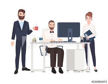 Clerks or colleagues spending time at office together, working on computer, drinking coffee