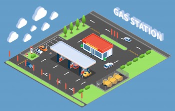 Clients at gas station with store isometric building composition vector illustration Free Vector