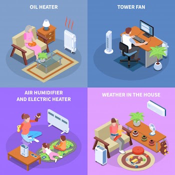 Climate control 2x2 design concept with home equipment used for establishing comfortable weather in house isometric Free Vector