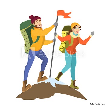 Climber couple standing on the mountain peak with flag