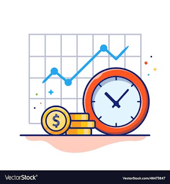 clock with gold coin and graph statistic cartoon