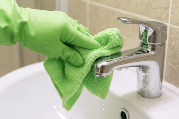 Close-Up Cleaning of Chrome Faucet with Lime Green Gloves
