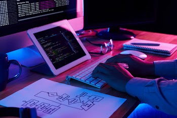 Close-up image of programer working at his desk in office Free Photo