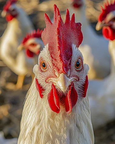 Close-up of Friendly Rooster in Natural Farm Setting with Hens Close-up of Friendly Rooster in Natural Farm Setting with Hens