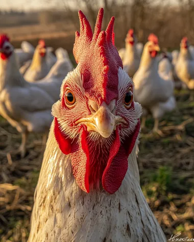 Close-Up of Friendly White Chicken on Grass in Warm Farm Setting Close-Up of Friendly White Chicken on Grass in Warm Farm Setting