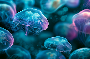 Close-up of Glowing Moon Jellyfish in Teal Water