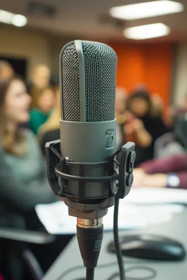 Close-up of Microphone in Hip Office with Attentive Crowd Behind