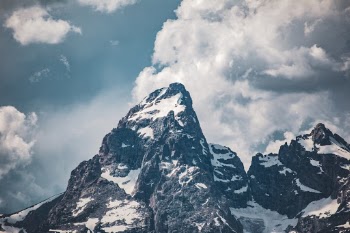 Close-up of rocky peaks as captured in July 2019 in Grand Teton National Park, Wyoming, USA.