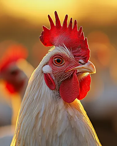 Close-up of Rooster's Head in Warm Farm Setting with White Chickens Close-up of Rooster's Head in Warm Farm Setting with White Chickens