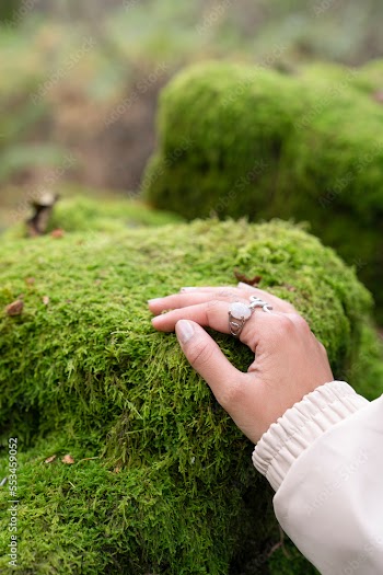 Close-up of woman touching moss