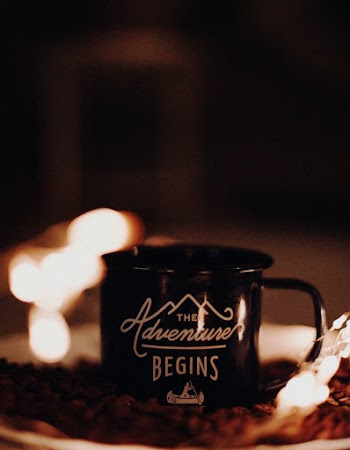 Close Up Photo of Black and White the Adventures Begins-printed Mug