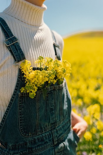 Close up View of a Person in Denim Dungarees Posing in a Field of Yellow Flowers