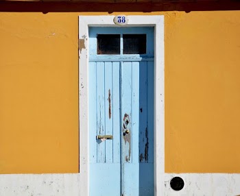closed blue wooden door