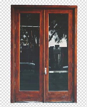 , closed brown wooden framed clear glass door transparent background PNG clipart