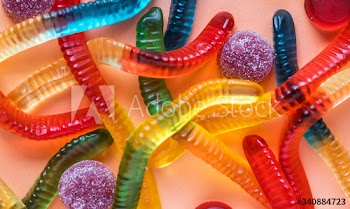 Closeup of colorful jelly worms and other assorted jellies