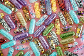 Closeup of glittery shimmery shiny pills capsule background