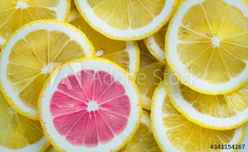 Closeup of slices of lemon and one pink slice standing out textured background
