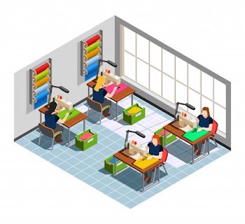 Clothes factory seamstress isometric composition Free Vector