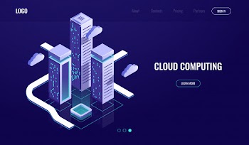 Cloud computing, cloud data storage isometric concept, modern digital urban city, data road