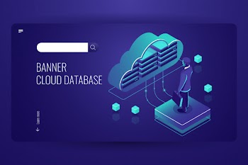 Cloud database, isometric icon, data cloud computing, man stay on platform