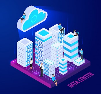 Cloud services isometric conceptual composition with images of server racks and little people characters with text vector illustration Free Vector