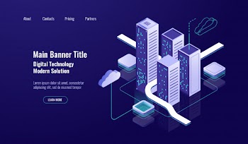 Cloud storage, big urban city isometric icon, server room database, data center, server rack