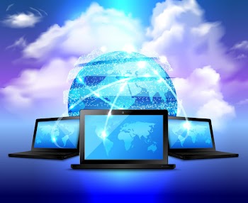 Cloud storage realistic concept with abstract digital globe and three laptop around Free Vector