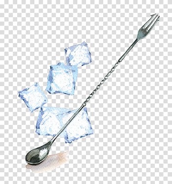Cocktail Spoon Ice cube Watercolor painting, Hand-painted spoon and ice cubes transparent background PNG clipart