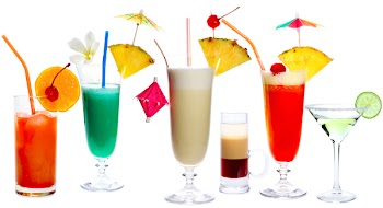 Cocktails isolated on white: Tequila Sunrise, Frozen Margarita, Screw-Driver, Pina Colada, B52, Malibu Punch, Daiquiri