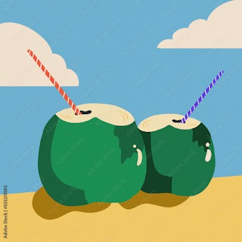 coconut water orange purple straw blue sky background 