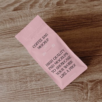 Coffee Bag on Wood Table Mockup