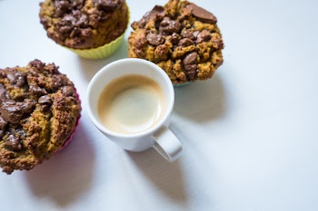 Coffee espresso with homemade chocolate muffins 