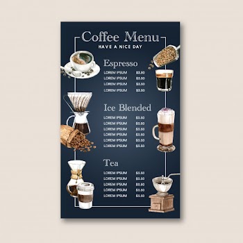 Coffee house menu americano, cappuccino, espresso menu, infographic, watercolor illustration Free Vector