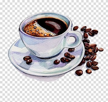 Coffee on cup and saucer, Coffee Tea Cafe Watercolor painting Drawing, Hand-painted watercolor coffee and coffee beans transparent background PNG clipart