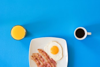 Coffee, Orange Juice, Bacon Blue Backgound