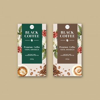 Coffee packaging bag with branch leaves bean, maker machine,watercolor illustration Free Vector