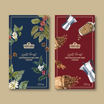 Coffee packaging bag with branch leaves bean, vintage, watercolor illustration Free Vector