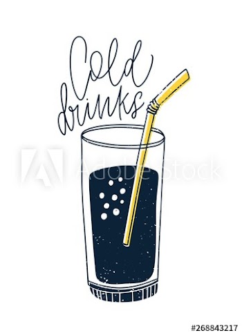 Cold non-alcoholic drink or cocktail in glass with straw and lettering written with cursive calligraphic font