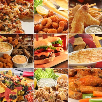 Collage of pub food including cheese burgers, wings, nachos, fries, pizza, ribs, deep fried prawns and calamari.