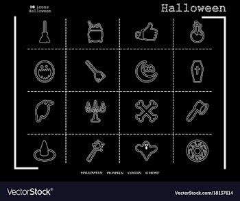 Collection of 16 halloween icons in thin line vector image