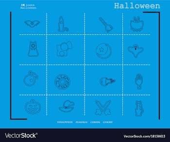Collection of 16 halloween icons in thin line vector image