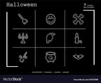 Collection of 9 halloween icons in thin line style vector image
