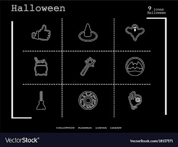 Collection of 9 halloween icons in thin line style vector image