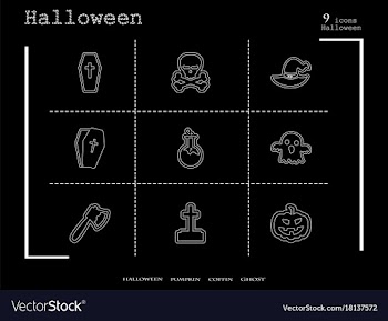 Collection of 9 halloween icons in thin line style vector image