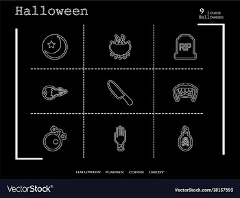 Collection of 9 halloween icons in thin line style vector image