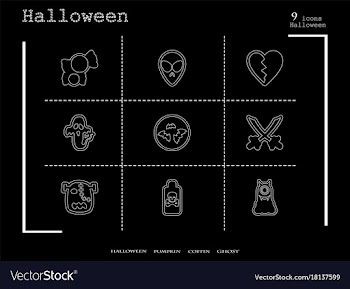 Collection of 9 halloween icons in thin line style vector image