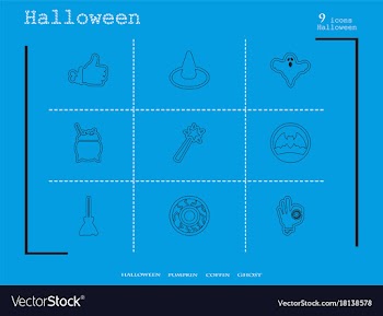 Collection of 9 halloween icons in thin line style vector image