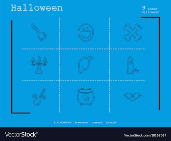 Collection of 9 halloween icons in thin line style vector image