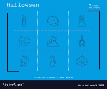 Collection of 9 halloween icons in thin line style vector image